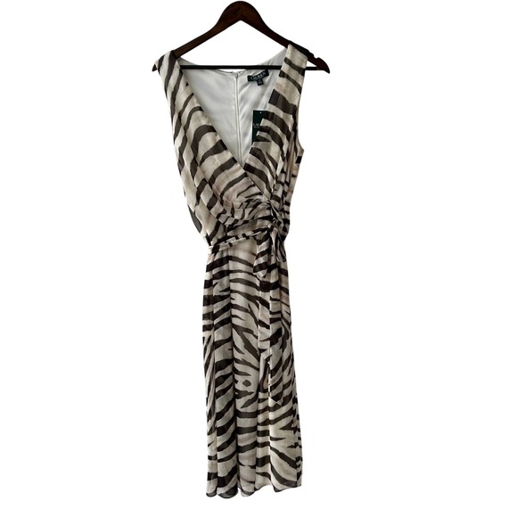 Lauren Ralph Lauren Zebra Print Faux Wrap Dress Cream Brown 12P Sleeveless NWT - Picture 7 of 14